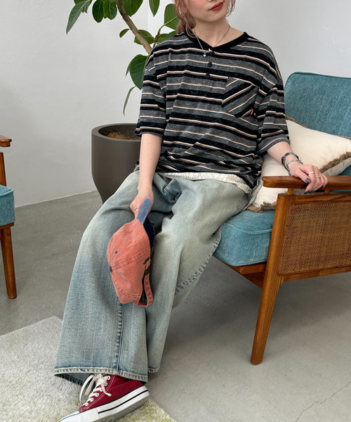 DOUBLE NAME（ダブルネーム）の「スプレー加工ボーダーヘンリープルオーバー（Tシャツ/カットソー・レディース・ブラック/ネイビー/ボルドー・FREE）」の14枚目の写真