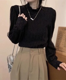 袖チュール付きシアーレースカットソー