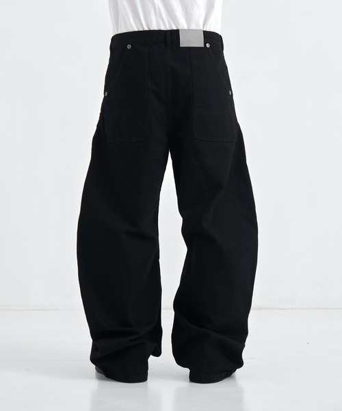 all black curve denim (mens)/オールブラック/レザーパッチ/バレル