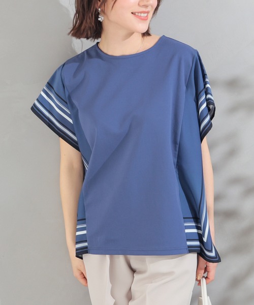 GLACIER lusso(グラシアルッソ)の「【美冷・接触冷感・UVカット・遮熱】袖スカーフ柄トップス(Tシャツ/カットソー・レディース・グレイッシュベージュ/ブルー/モカ・S/L/M/LL)」の1枚目の写真