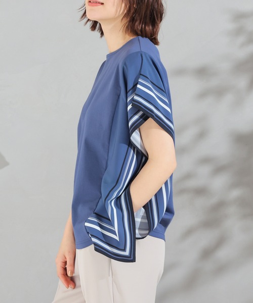 GLACIER lusso(グラシアルッソ)の「【美冷・接触冷感・UVカット・遮熱】袖スカーフ柄トップス(Tシャツ/カットソー・レディース・グレイッシュベージュ/ブルー/モカ・S/L/M/LL)」の7枚目の写真