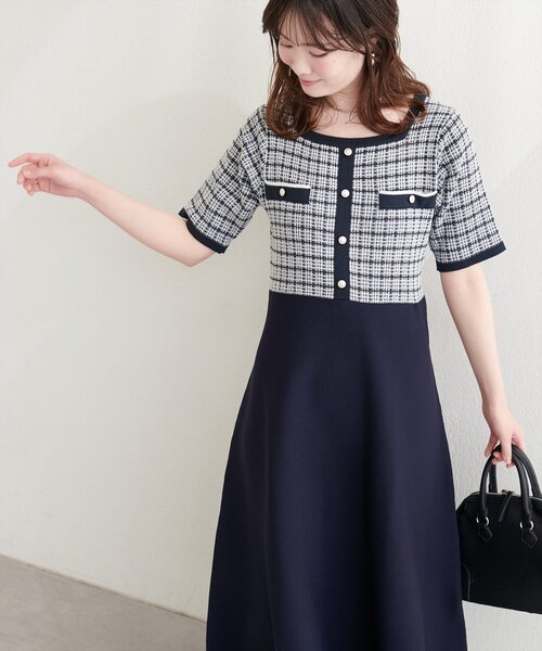 natural couture（ナチュラルクチュール）の「ツイードサマーニットワンピース（ワンピース・レディース・ネイビー/ブラック/アイボリー・FREE）」の2枚目の写真