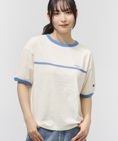 Champion（チャンピオン）の「チャンピオン  RINGER T-SHIRT（Tシャツ/カットソー・レディース・オフホワイト/グリーン・L/M）」の2枚目の写真