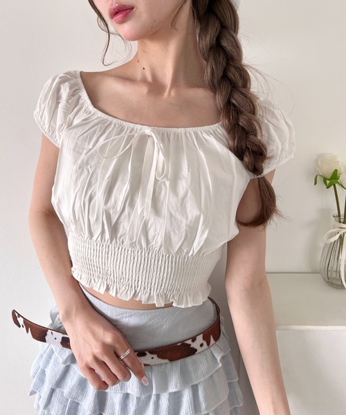 Loueme（ルエム）の「【チェック＆無地】シャーリング2WAYオフショルダートップス（シャツ/ブラウス・レディース・ブラック系その他/ホワイト/ホワイト系その他/ブラック・FREE）」の2枚目の写真