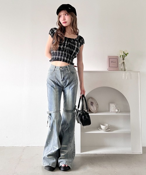 Loueme（ルエム）の「【チェック＆無地】シャーリング2WAYオフショルダートップス（シャツ/ブラウス・レディース・ブラック系その他/ホワイト/ホワイト系その他/ブラック・FREE）」の9枚目の写真