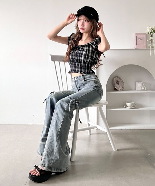 Loueme（ルエム）の「【チェック＆無地】シャーリング2WAYオフショルダートップス（シャツ/ブラウス・レディース・ブラック系その他/ホワイト/ホワイト系その他/ブラック・FREE）」の8枚目の写真