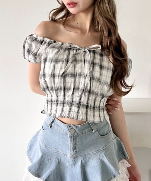 Loueme（ルエム）の「【チェック＆無地】シャーリング2WAYオフショルダートップス（シャツ/ブラウス・レディース・ブラック系その他/ホワイト/ホワイト系その他/ブラック・FREE）」の16枚目の写真