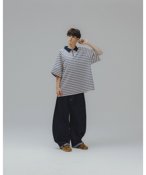 ANGLAN(アングラン)の「Striped Raglan Half-Zip Polo - Navy(ポロシャツ・メンズ・その他・ONE SIZE)」の7枚目の写真