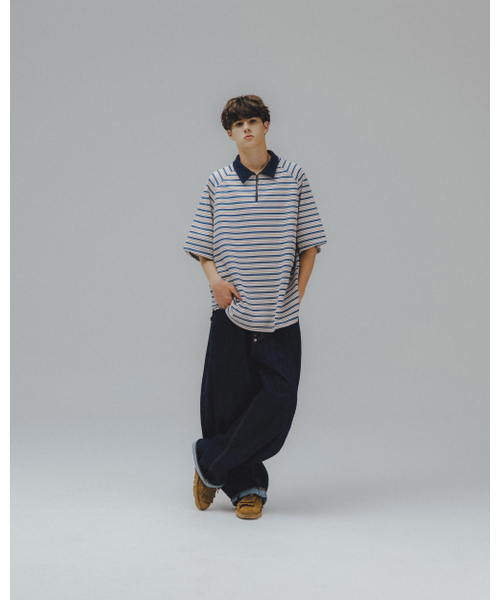 ANGLAN(アングラン)の「Striped Raglan Half-Zip Polo - Navy(ポロシャツ・メンズ・その他・ONE SIZE)」の6枚目の写真