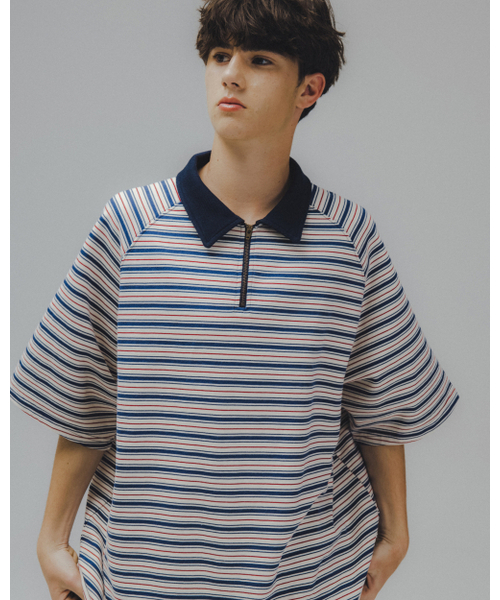 ANGLAN(アングラン)の「Striped Raglan Half-Zip Polo - Navy(ポロシャツ・メンズ・その他・ONE SIZE)」の5枚目の写真