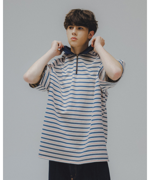 ANGLAN(アングラン)の「Striped Raglan Half-Zip Polo - Navy(ポロシャツ・メンズ・その他・ONE SIZE)」の4枚目の写真