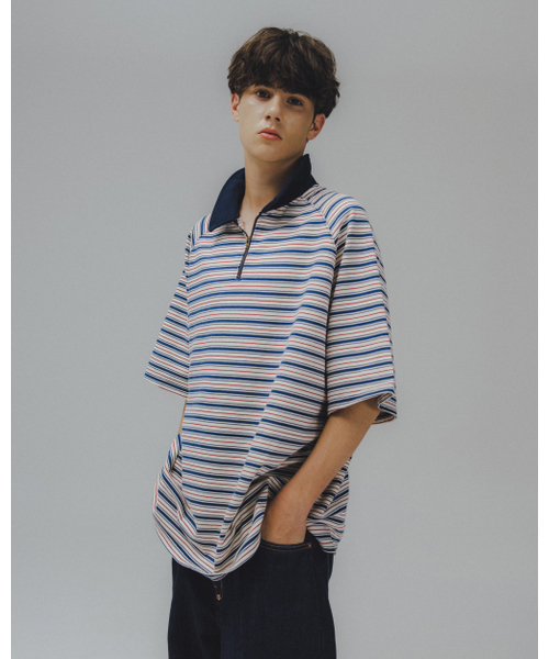ANGLAN(アングラン)の「Striped Raglan Half-Zip Polo - Navy(ポロシャツ・メンズ・その他・ONE SIZE)」の3枚目の写真