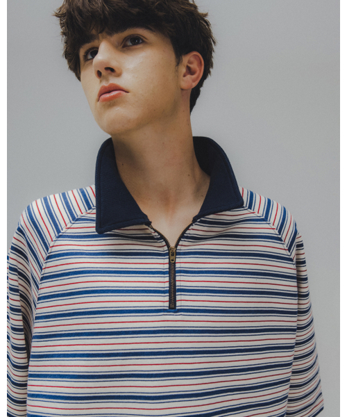 ANGLAN(アングラン)の「Striped Raglan Half-Zip Polo - Navy(ポロシャツ・メンズ・その他・ONE SIZE)」の2枚目の写真