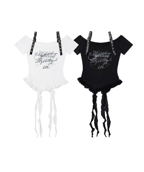 HOOK(フック)の「HOOK for girls 肩ベルト 裾縦フリル オフショルダー 半袖Tシャツ (SS)(Tシャツ/カットソー・レディース・ブラック/ホワイト・FREE)」の17枚目の写真