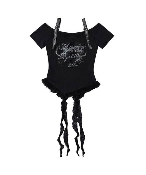 HOOK(フック)の「HOOK for girls 肩ベルト 裾縦フリル オフショルダー 半袖Tシャツ (SS)(Tシャツ/カットソー・レディース・ブラック/ホワイト・FREE)」の22枚目の写真