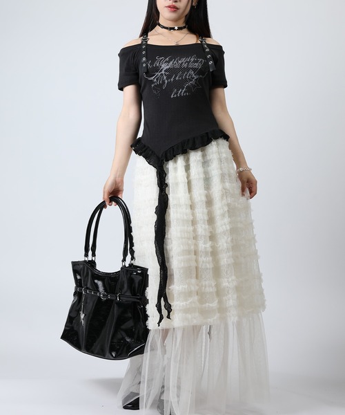 HOOK(フック)の「HOOK for girls 肩ベルト 裾縦フリル オフショルダー 半袖Tシャツ (SS)(Tシャツ/カットソー・レディース・ブラック/ホワイト・FREE)」の8枚目の写真
