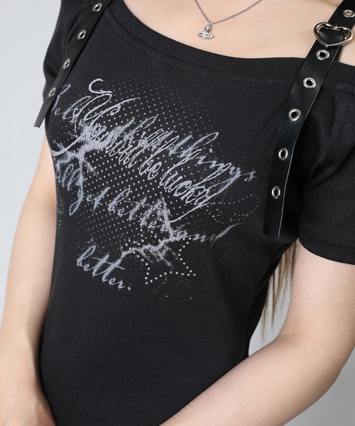 HOOK(フック)の「HOOK for girls 肩ベルト 裾縦フリル オフショルダー 半袖Tシャツ (SS)(Tシャツ/カットソー・レディース・ブラック/ホワイト・FREE)」の15枚目の写真