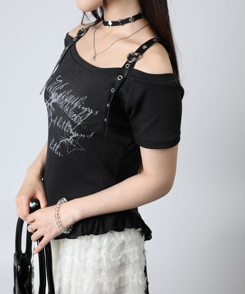 HOOK(フック)の「HOOK for girls 肩ベルト 裾縦フリル オフショルダー 半袖Tシャツ (SS)(Tシャツ/カットソー・レディース・ブラック/ホワイト・FREE)」の16枚目の写真
