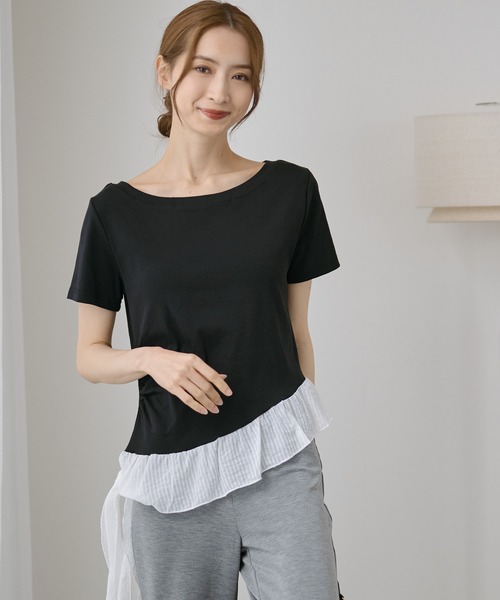 DAYRA(デイラ)の「異素材 裾フリル サイド ギャザー 半袖 カットソー(Tシャツ/カットソー・レディース・グレー/ブラック/ホワイト・FREE)」の2枚目の写真