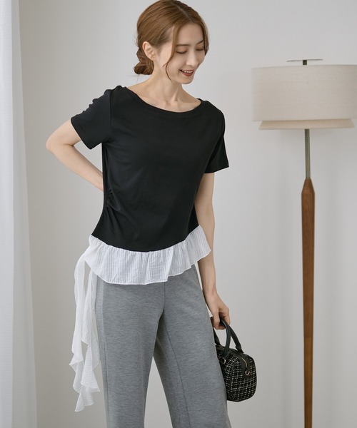 DAYRA(デイラ)の「異素材 裾フリル サイド ギャザー 半袖 カットソー(Tシャツ/カットソー・レディース・グレー/ブラック/ホワイト・FREE)」の5枚目の写真