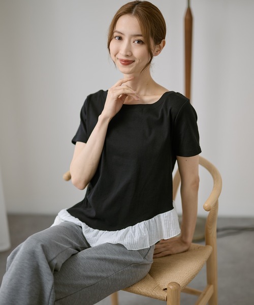 DAYRA(デイラ)の「異素材 裾フリル サイド ギャザー 半袖 カットソー(Tシャツ/カットソー・レディース・グレー/ブラック/ホワイト・FREE)」の7枚目の写真