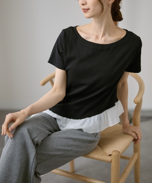 DAYRA(デイラ)の「異素材 裾フリル サイド ギャザー 半袖 カットソー(Tシャツ/カットソー・レディース・グレー/ブラック/ホワイト・FREE)」の8枚目の写真