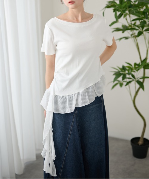 DAYRA(デイラ)の「異素材 裾フリル サイド ギャザー 半袖 カットソー(Tシャツ/カットソー・レディース・グレー/ブラック/ホワイト・FREE)」の10枚目の写真