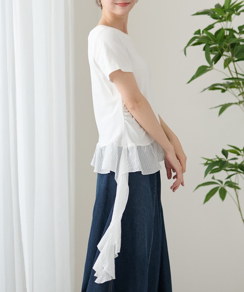 DAYRA(デイラ)の「異素材 裾フリル サイド ギャザー 半袖 カットソー(Tシャツ/カットソー・レディース・グレー/ブラック/ホワイト・FREE)」の11枚目の写真