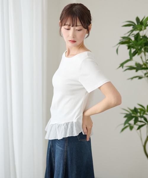 DAYRA(デイラ)の「異素材 裾フリル サイド ギャザー 半袖 カットソー(Tシャツ/カットソー・レディース・グレー/ブラック/ホワイト・FREE)」の12枚目の写真