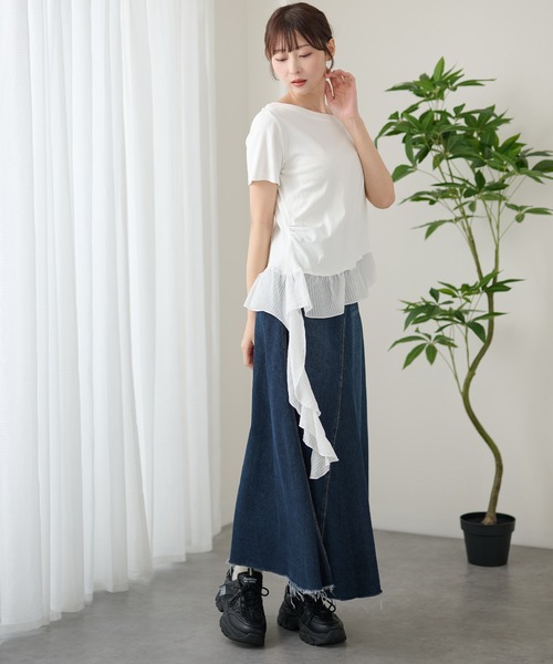 DAYRA(デイラ)の「異素材 裾フリル サイド ギャザー 半袖 カットソー(Tシャツ/カットソー・レディース・グレー/ブラック/ホワイト・FREE)」の14枚目の写真