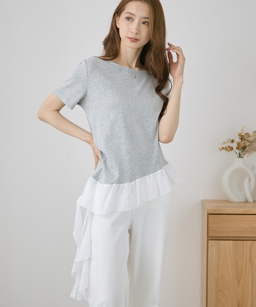 DAYRA(デイラ)の「異素材 裾フリル サイド ギャザー 半袖 カットソー(Tシャツ/カットソー・レディース・グレー/ブラック/ホワイト・FREE)」の15枚目の写真