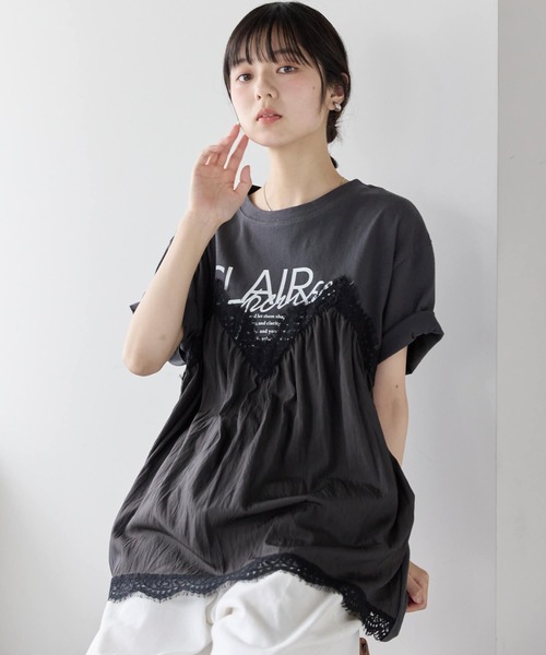 pocket(ポケット)の「レースキャミドッキングTシャツ(Tシャツ/カットソー・レディース・ホワイト×ブラック/チャコールグレー/ホワイト×ホワイト・フリ-)」の8枚目の写真