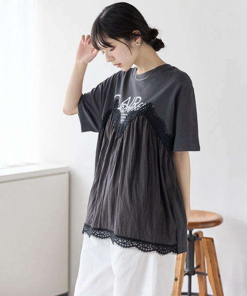 pocket(ポケット)の「レースキャミドッキングTシャツ(Tシャツ/カットソー・レディース・ホワイト×ブラック/チャコールグレー/ホワイト×ホワイト・フリ-)」の11枚目の写真