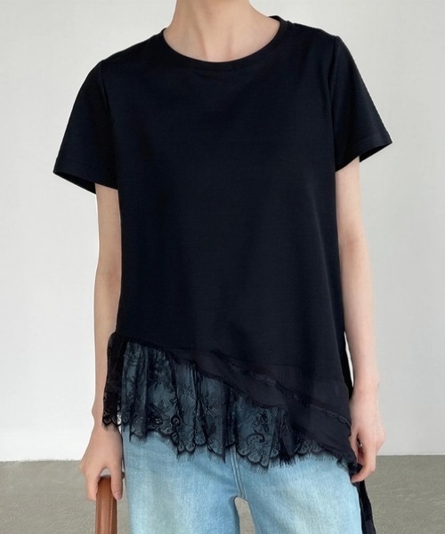 yuue' ( wear )(ユーイ)の「レースレイヤードチュニック半袖Tシャツ/ミニワンピース(Tシャツ/カットソー・レディース・ブラック/ホワイト・FREE)」の2枚目の写真