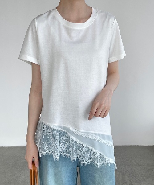 yuue' ( wear )(ユーイ)の「レースレイヤードチュニック半袖Tシャツ/ミニワンピース(Tシャツ/カットソー・レディース・ブラック/ホワイト・FREE)」の16枚目の写真