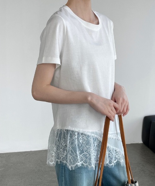 yuue' ( wear )(ユーイ)の「レースレイヤードチュニック半袖Tシャツ/ミニワンピース(Tシャツ/カットソー・レディース・ブラック/ホワイト・FREE)」の15枚目の写真