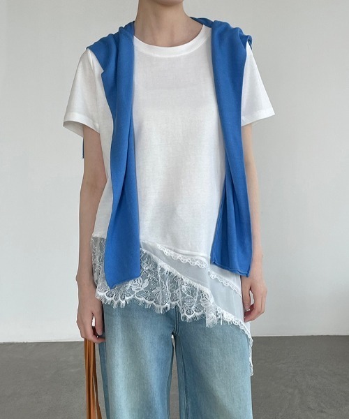 yuue' ( wear )(ユーイ)の「レースレイヤードチュニック半袖Tシャツ/ミニワンピース(Tシャツ/カットソー・レディース・ブラック/ホワイト・FREE)」の12枚目の写真