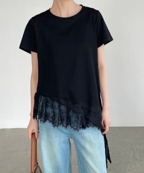 yuue' ( wear )(ユーイ)の「レースレイヤードチュニック半袖Tシャツ/ミニワンピース(Tシャツ/カットソー・レディース・ブラック/ホワイト・FREE)」の9枚目の写真