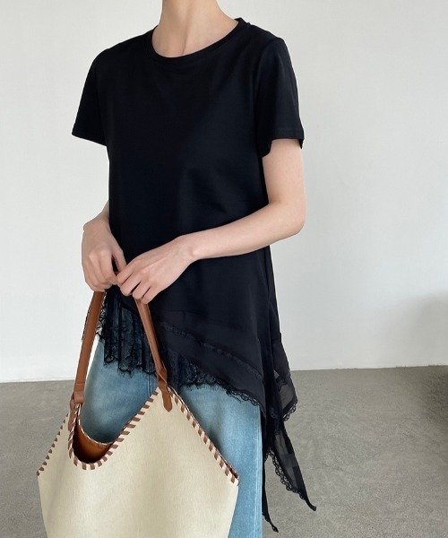yuue' ( wear )(ユーイ)の「レースレイヤードチュニック半袖Tシャツ/ミニワンピース(Tシャツ/カットソー・レディース・ブラック/ホワイト・FREE)」の8枚目の写真