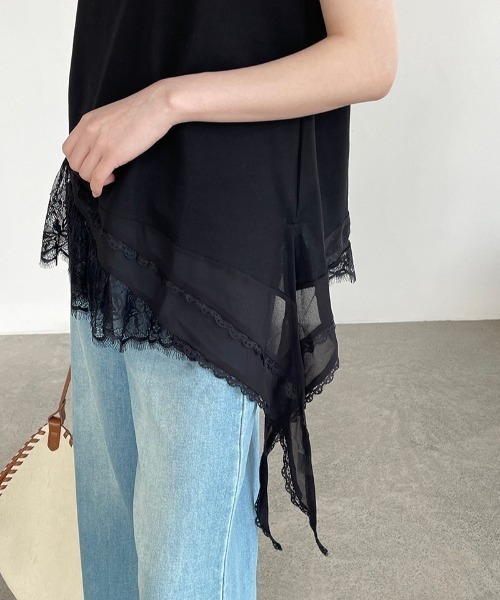 yuue' ( wear )(ユーイ)の「レースレイヤードチュニック半袖Tシャツ/ミニワンピース(Tシャツ/カットソー・レディース・ブラック/ホワイト・FREE)」の6枚目の写真