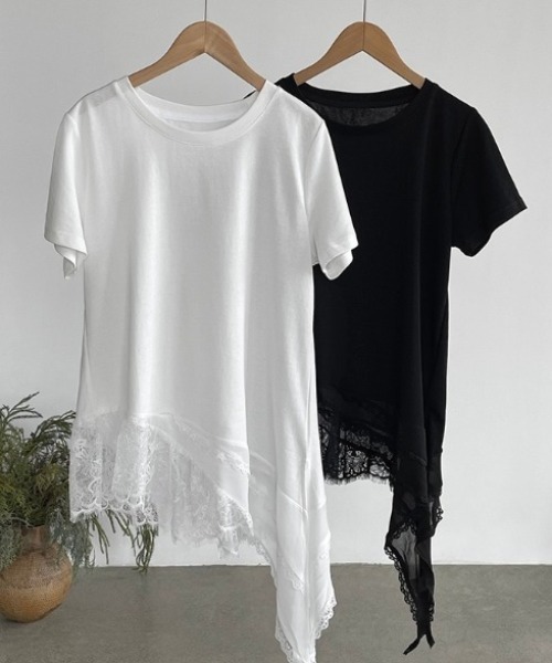 yuue' ( wear )(ユーイ)の「レースレイヤードチュニック半袖Tシャツ/ミニワンピース(Tシャツ/カットソー・レディース・ブラック/ホワイト・FREE)」の4枚目の写真