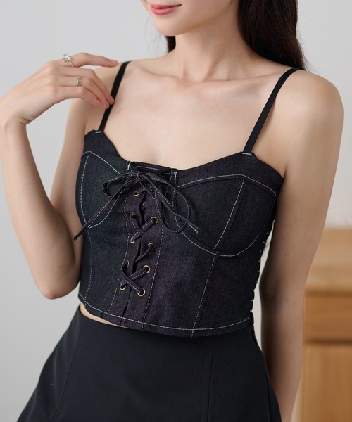 Lace Ladies(レースレディース)の「レースアップ デニム コンパクト ビスチェ ブラトップ(キャミソール・レディース・ブルー/ブラック・FREE)」の1枚目の写真