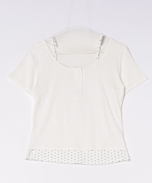 Nia(ニア)の「Nia(ニア)/ドットレイヤード風ヘンリーネックトップス(Tシャツ/カットソー・レディース・ホワイト/グレイッシュブルー/グレー・FREE)」の4枚目の写真