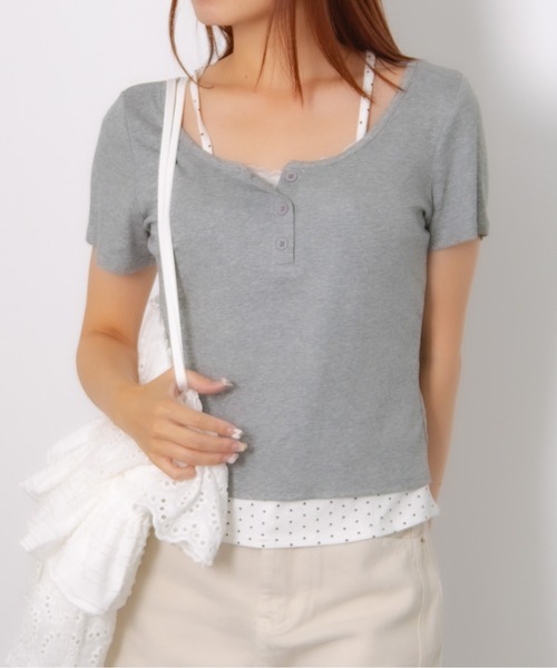 Nia(ニア)の「Nia(ニア)/ドットレイヤード風ヘンリーネックトップス(Tシャツ/カットソー・レディース・ホワイト/グレイッシュブルー/グレー・FREE)」の9枚目の写真