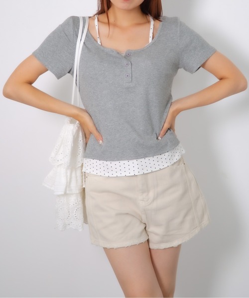 Nia(ニア)の「Nia(ニア)/ドットレイヤード風ヘンリーネックトップス(Tシャツ/カットソー・レディース・ホワイト/グレイッシュブルー/グレー・FREE)」の10枚目の写真