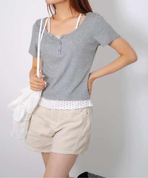 Nia(ニア)の「Nia(ニア)/ドットレイヤード風ヘンリーネックトップス(Tシャツ/カットソー・レディース・ホワイト/グレイッシュブルー/グレー・FREE)」の11枚目の写真