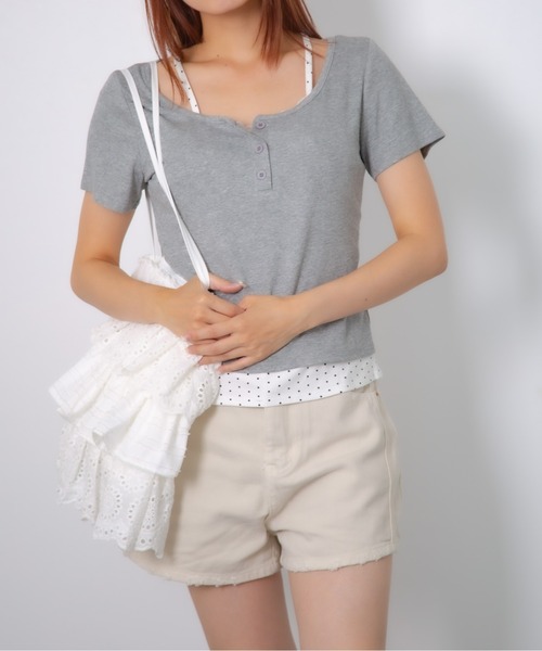 Nia(ニア)の「Nia(ニア)/ドットレイヤード風ヘンリーネックトップス(Tシャツ/カットソー・レディース・ホワイト/グレイッシュブルー/グレー・FREE)」の12枚目の写真