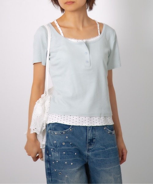 Nia(ニア)の「Nia(ニア)/ドットレイヤード風ヘンリーネックトップス(Tシャツ/カットソー・レディース・ホワイト/グレイッシュブルー/グレー・FREE)」の13枚目の写真