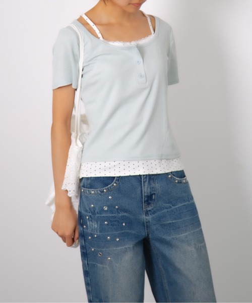 Nia(ニア)の「Nia(ニア)/ドットレイヤード風ヘンリーネックトップス(Tシャツ/カットソー・レディース・ホワイト/グレイッシュブルー/グレー・FREE)」の14枚目の写真