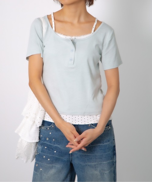 Nia(ニア)の「Nia(ニア)/ドットレイヤード風ヘンリーネックトップス(Tシャツ/カットソー・レディース・ホワイト/グレイッシュブルー/グレー・FREE)」の15枚目の写真